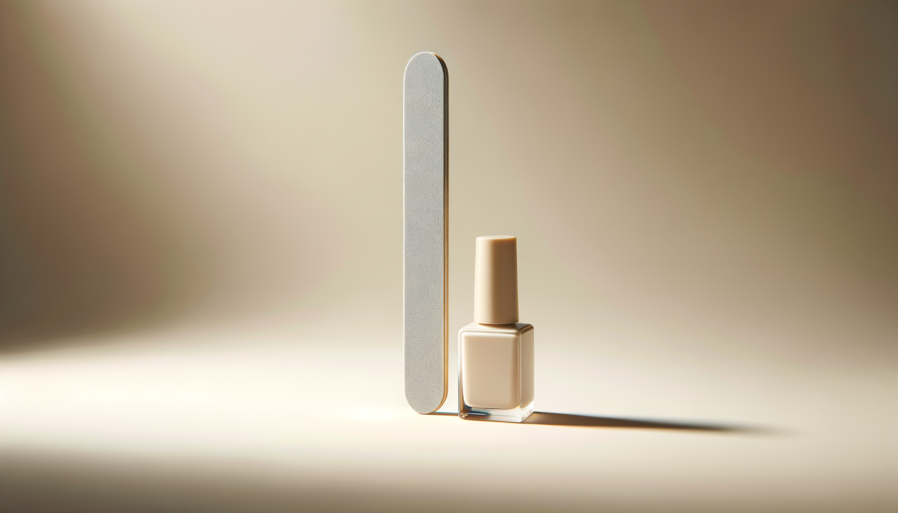 Nail polish bottle and nail file on a beige background with soft lighting.