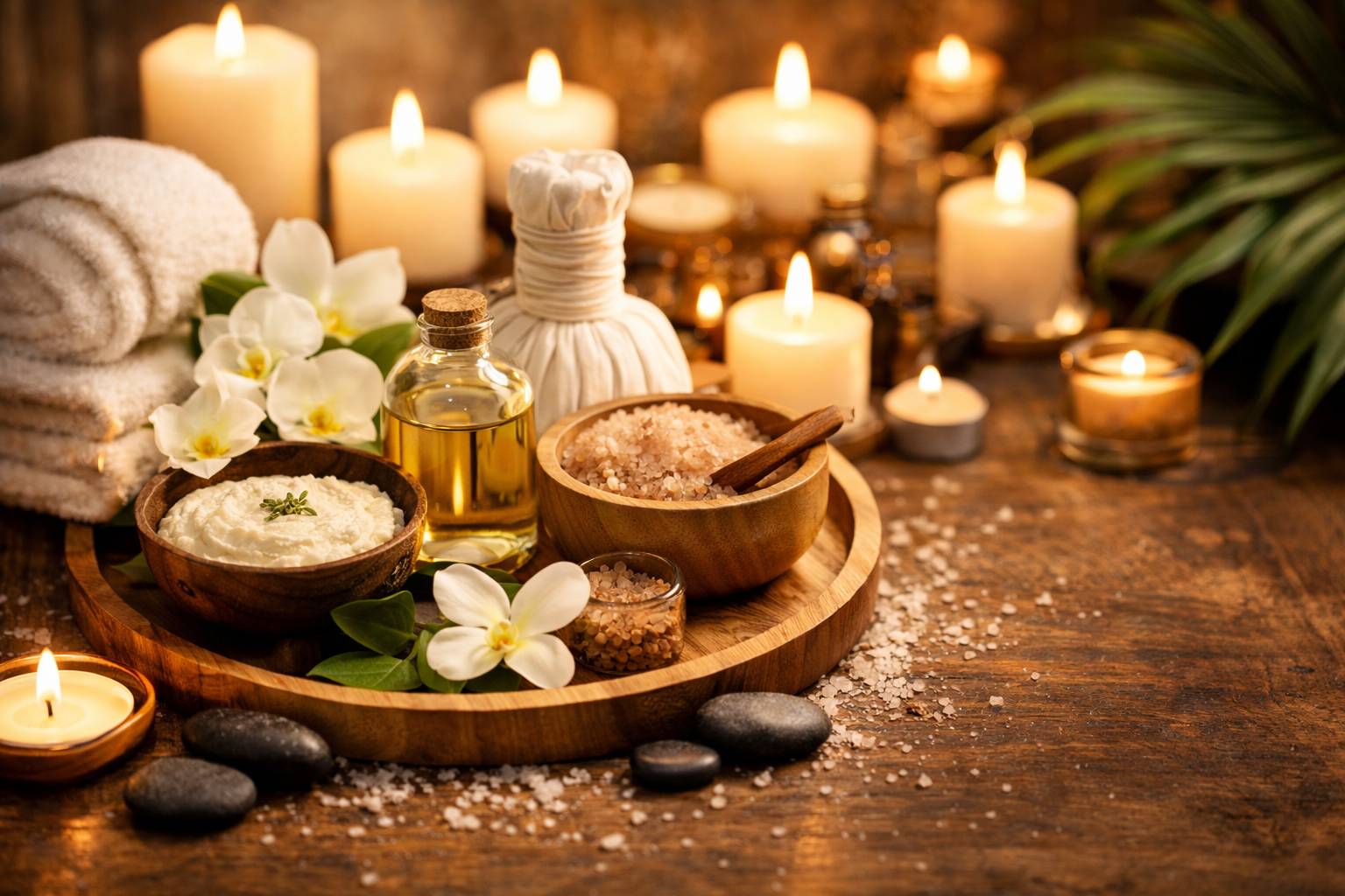 Spa setup with candles, flower petals, towels, salt, and massage oil on a wooden surface.