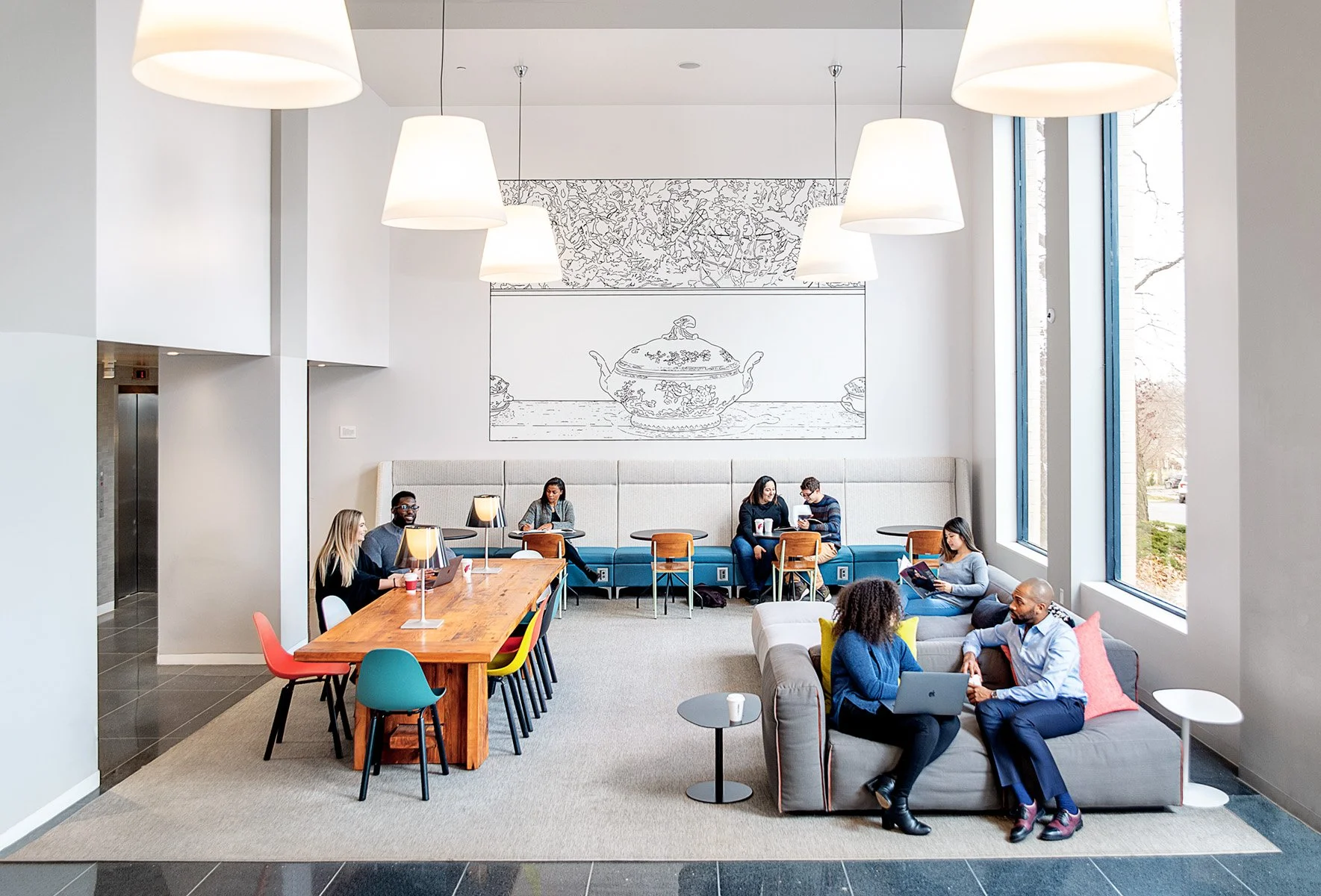 Architectural interior of apartment building lobby