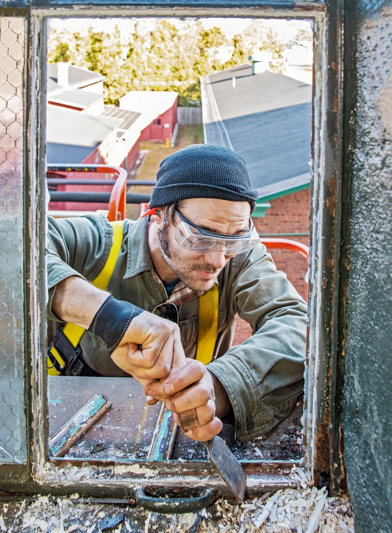 Window frame cleaning, Thomas Edison Labs
