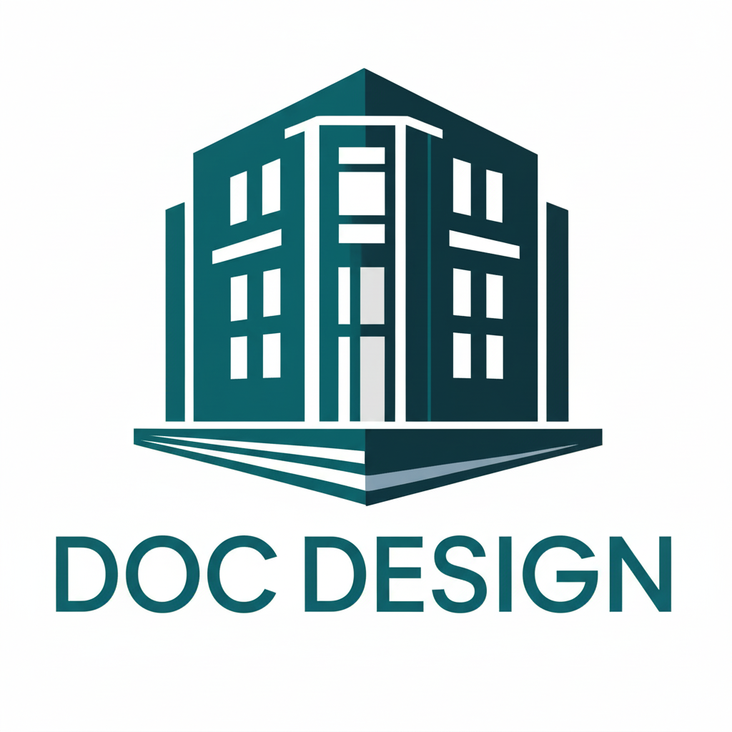 A geometric illustration of a modern building with the text "DOC DESIGN" below it.