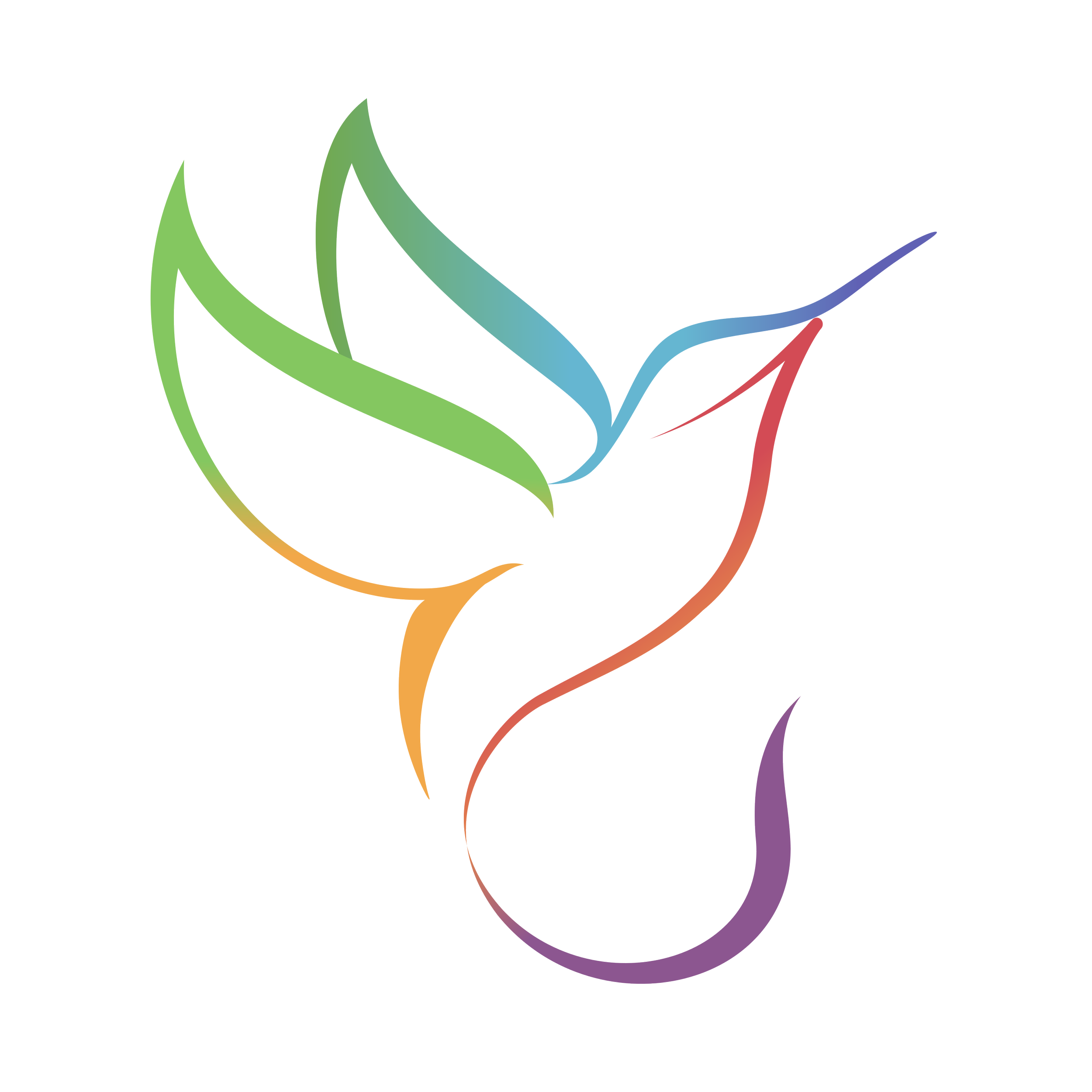 Logo estilizado de un  pájaro picaflor en colores degradados verde, azul, naranja y morado, estilo arcoiris difuminado.