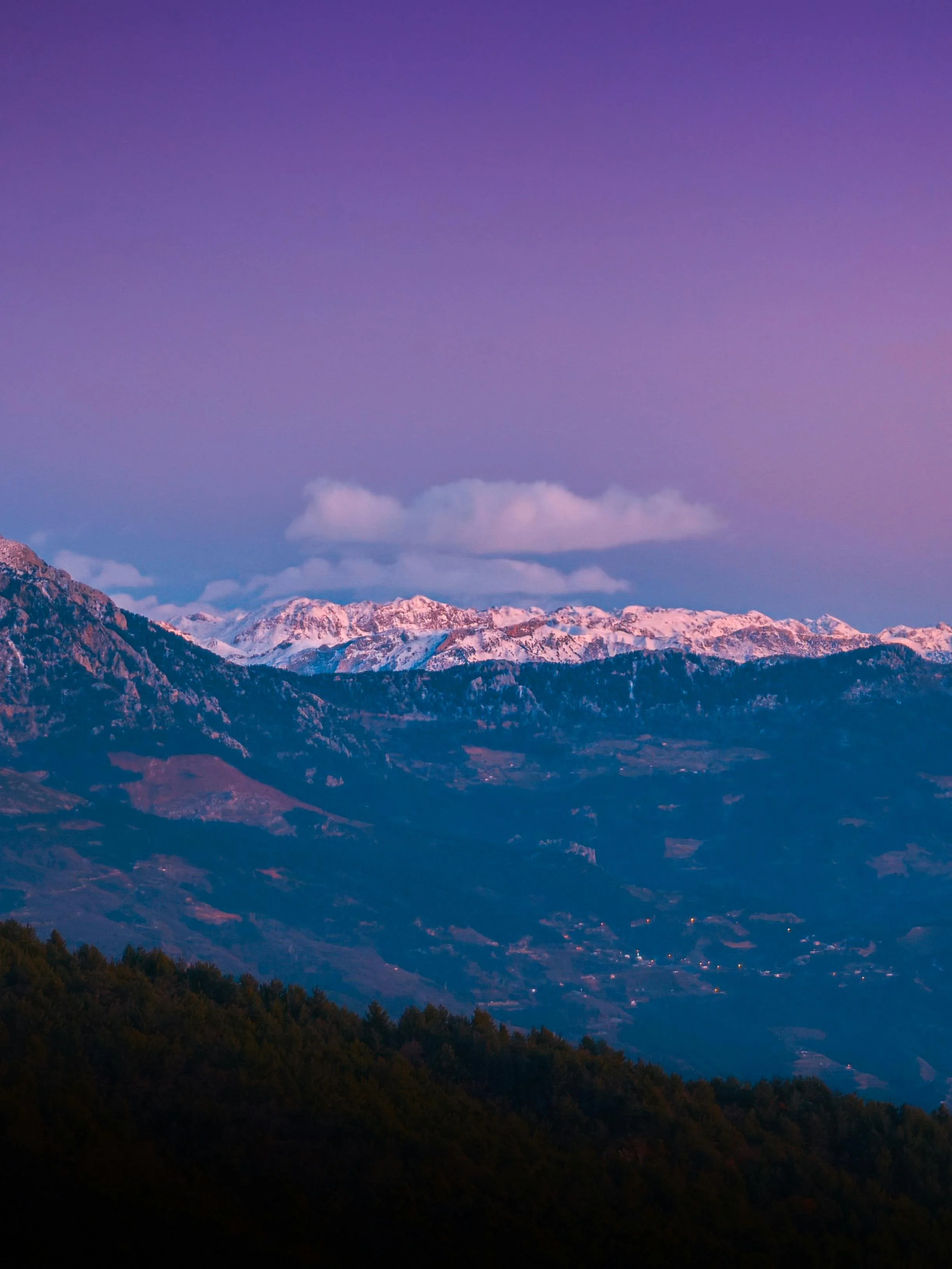 Montañas nevadas bajo un cielo con tonos púrpura y azul, con algunas nubes y árboles en primer plano.