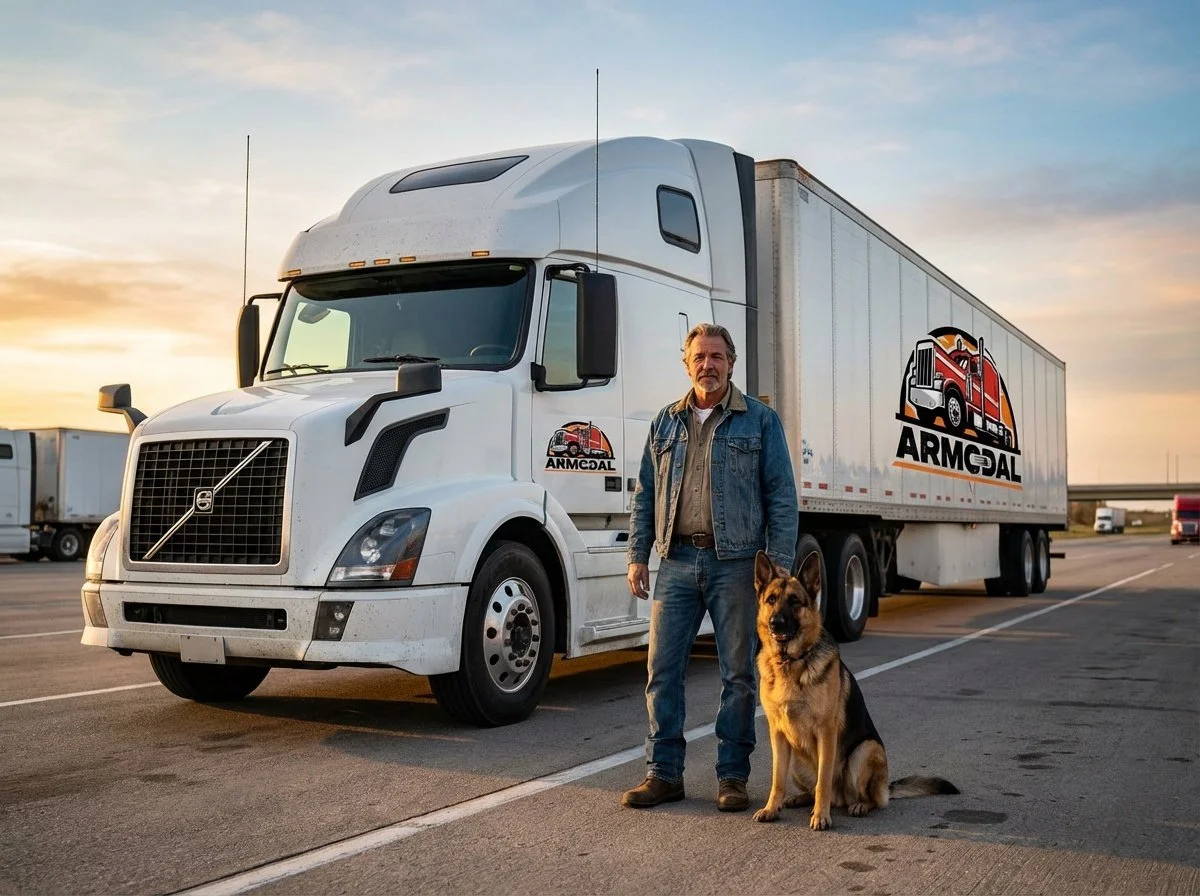 A man with a German shepherd dog standing in front of a large white semi-truck with the ARMCOAL logo on the side, parked in a lot at sunset.