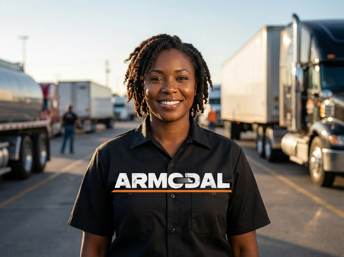 A smiling woman in a black shirt with the ARMOSAL logo standing in a parking lot full of large trucks.
