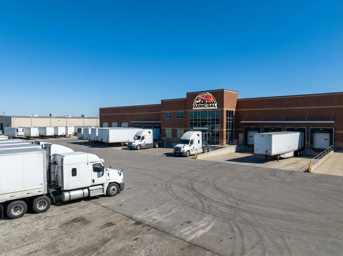 A warehouse loading dock with multiple white semi-trucks parked outside, and a brick building with a sign reading 'ARMCDAL' under a clear blue sky.