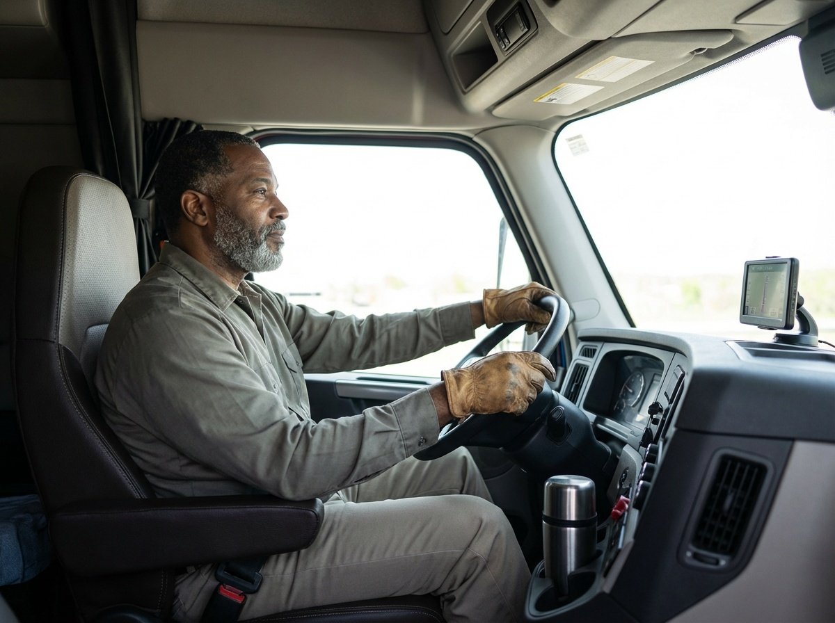 A man wearing a gray shirt and brown gloves driving a semi-truck.