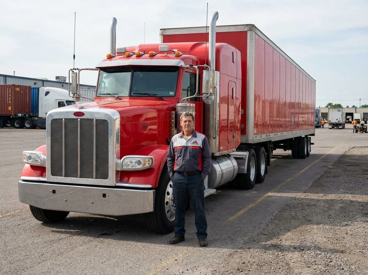 A man standing in front of a red semi-truck in a parking lot.