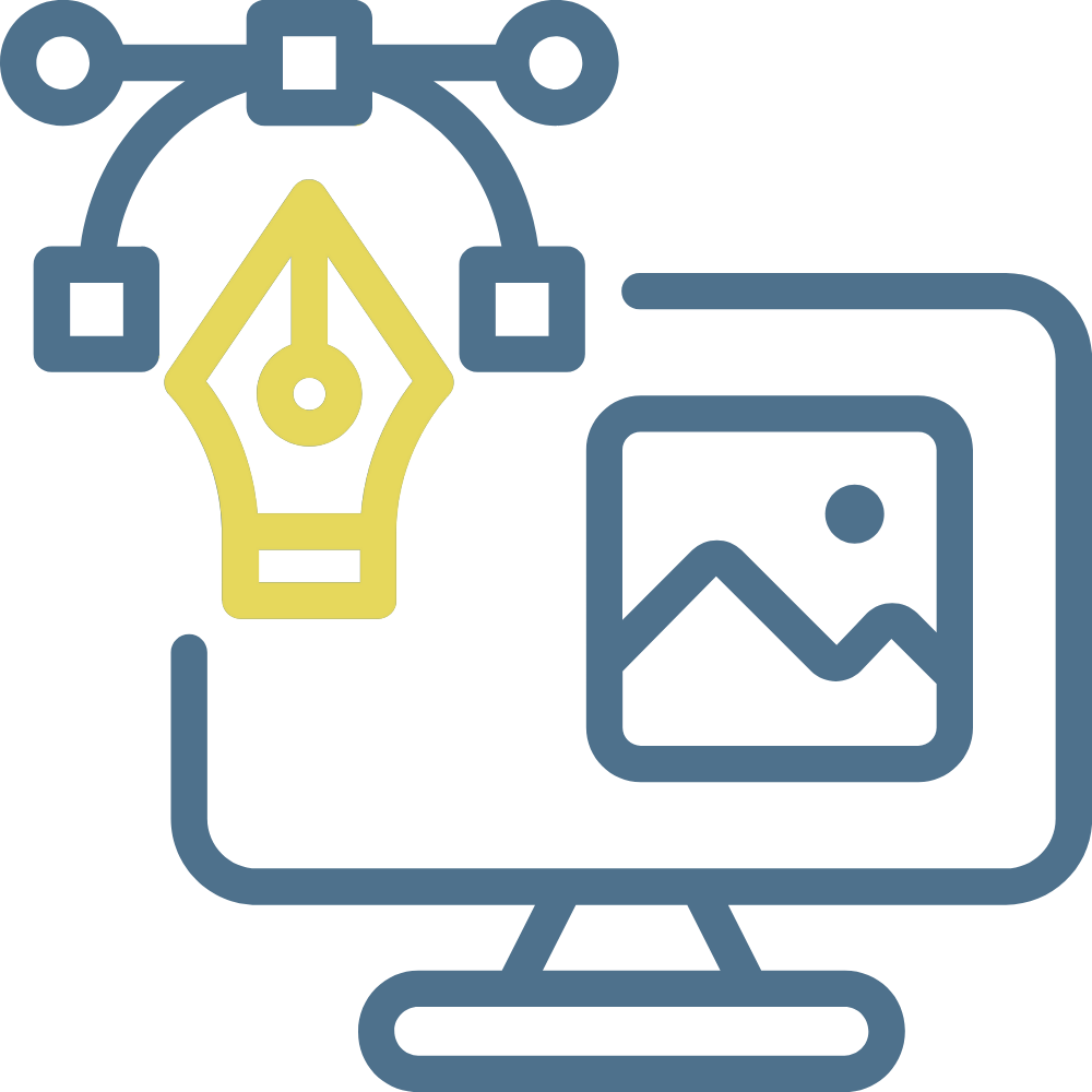 Digital design med en dataskjerm som viser et bilde, en kreativ pennenspiss og en grafisk illustrasjon av en fargetegning.