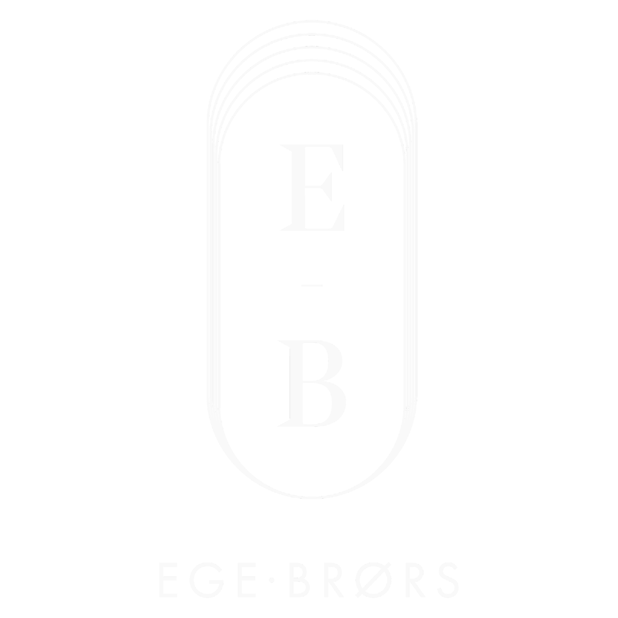 Sort bakgrunn med hvite linjer som danner en oval form, med store hvite bokstaver 'E' og 'B' i midten. Tekst under lyder 'EGE·BRØR'.
