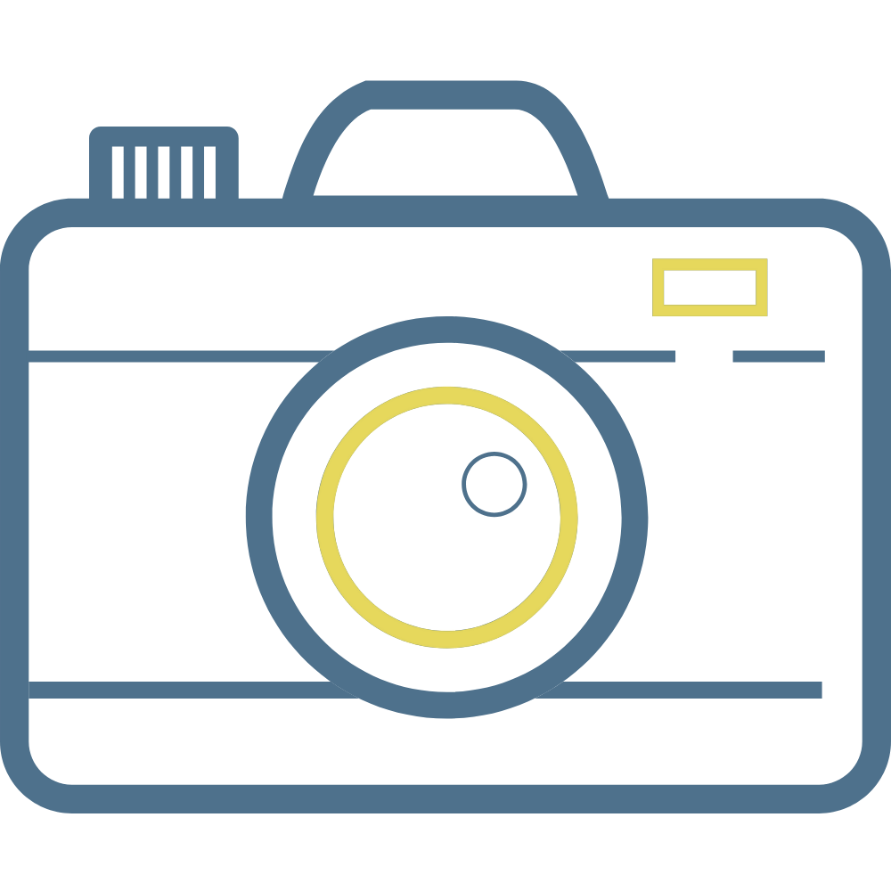 Illustrasjon av et kamera i minimalistisk stil med blå og gul farger.