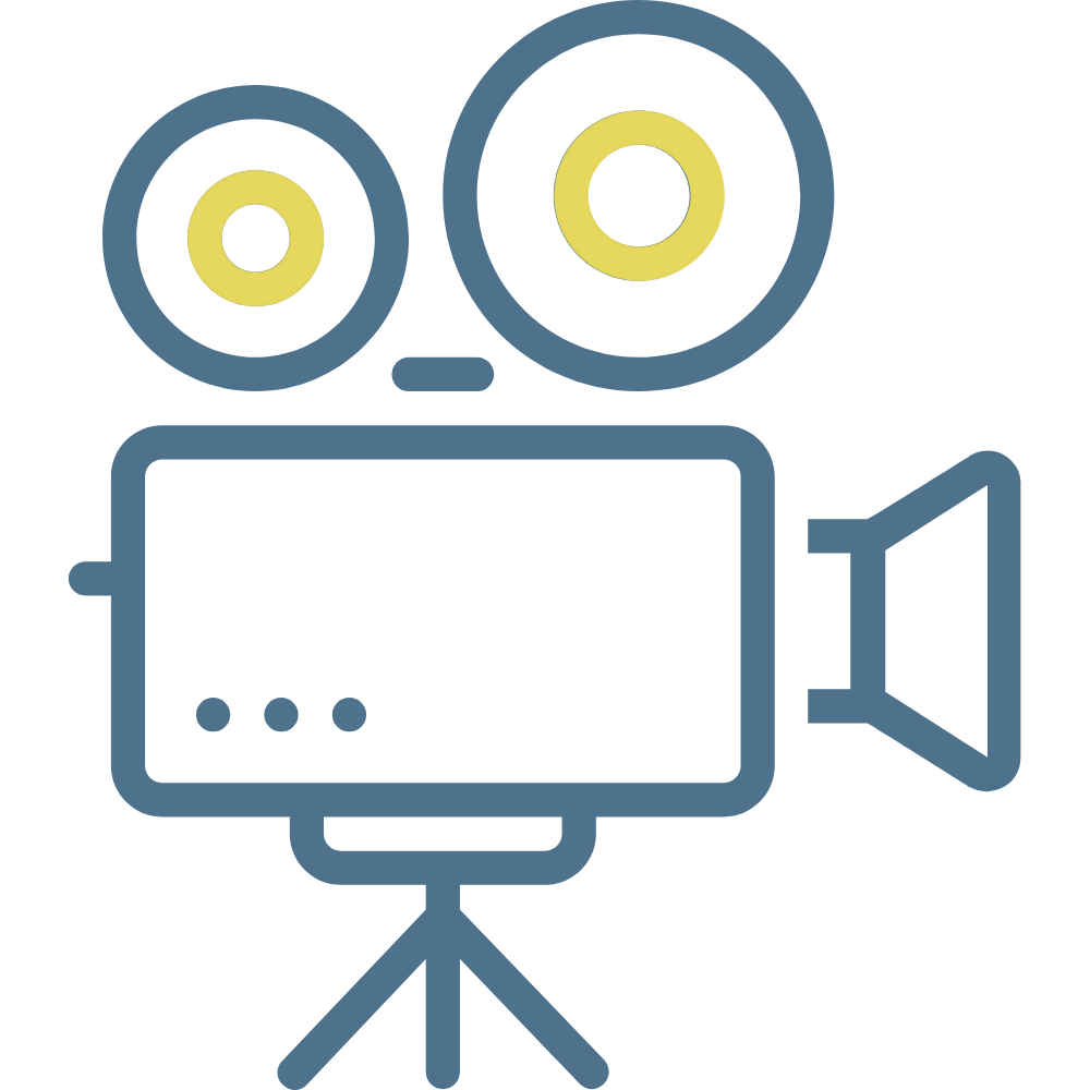 En illustrasjon av en filmkamera på stativ med to store spoler og en skjerm.