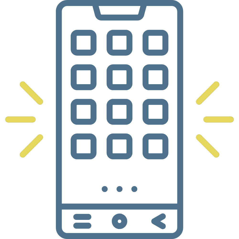 En enkel illustrasjon av en smarttelefon med app-ikoner på skjermen og lyseffekt rundt.