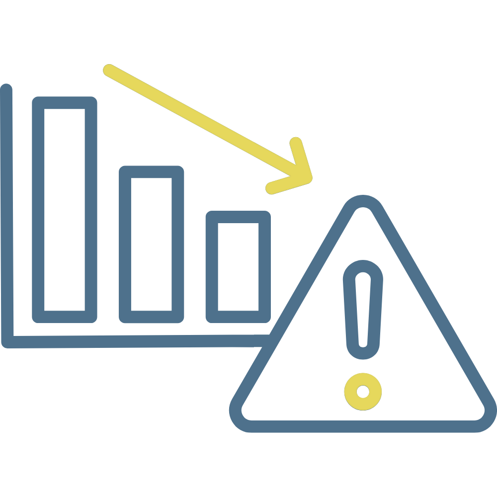 Diagram med fallende stolpediagram og advarselsikone, symboliserer fare eller risiko knyttet til data eller statistikk.