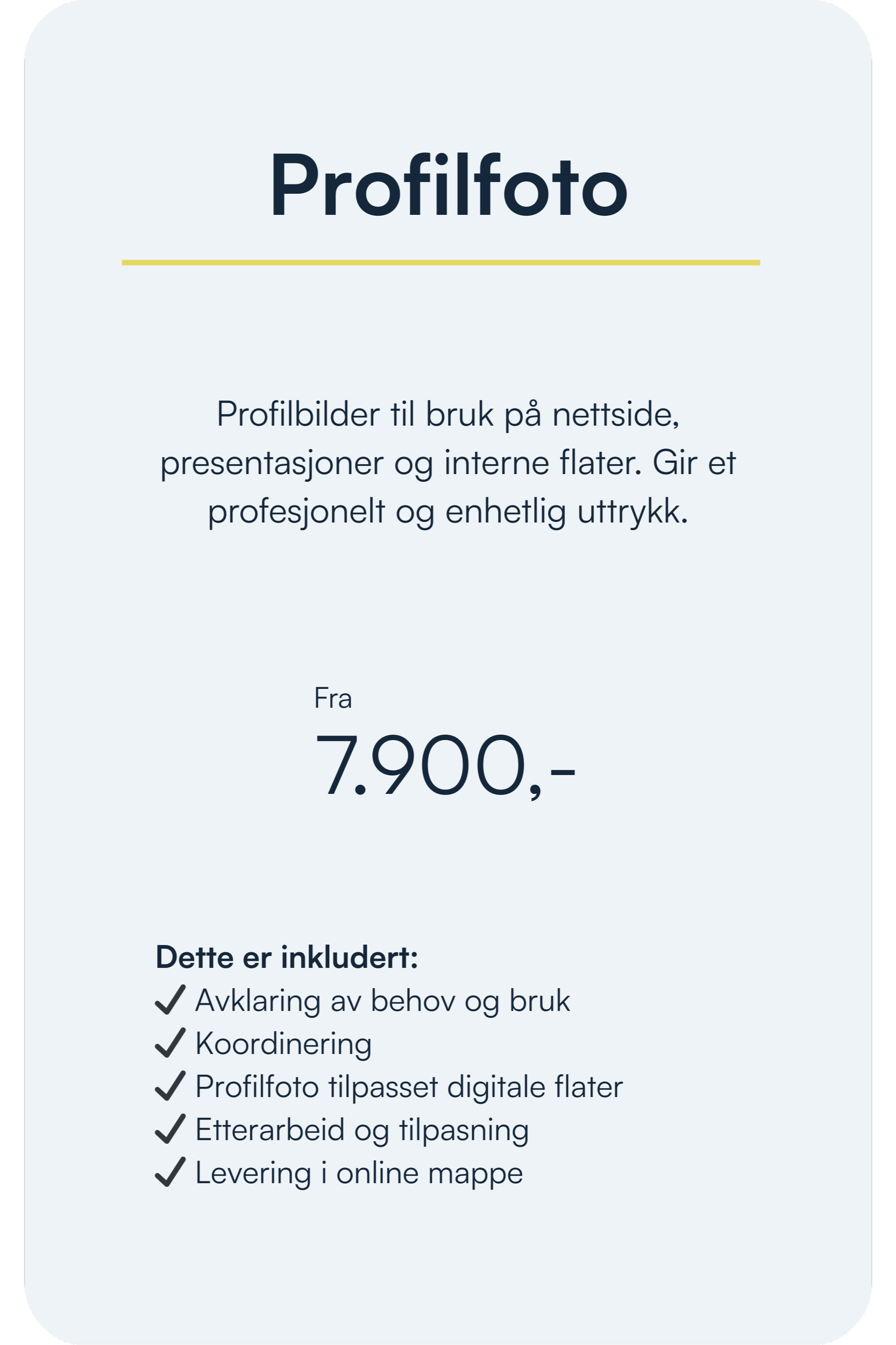 Profilfremstilling av et tilbud for design av profilbilder for nettsider, presentasjoner og interne flater, med pris fra 7.900 kroner.