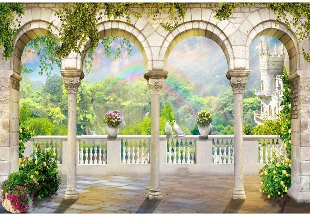A picturesque balcony with stone arches and columns, decorated with potted flowers, overlooking a lush green landscape with a rainbow, a waterfall, and a castle in the distance.