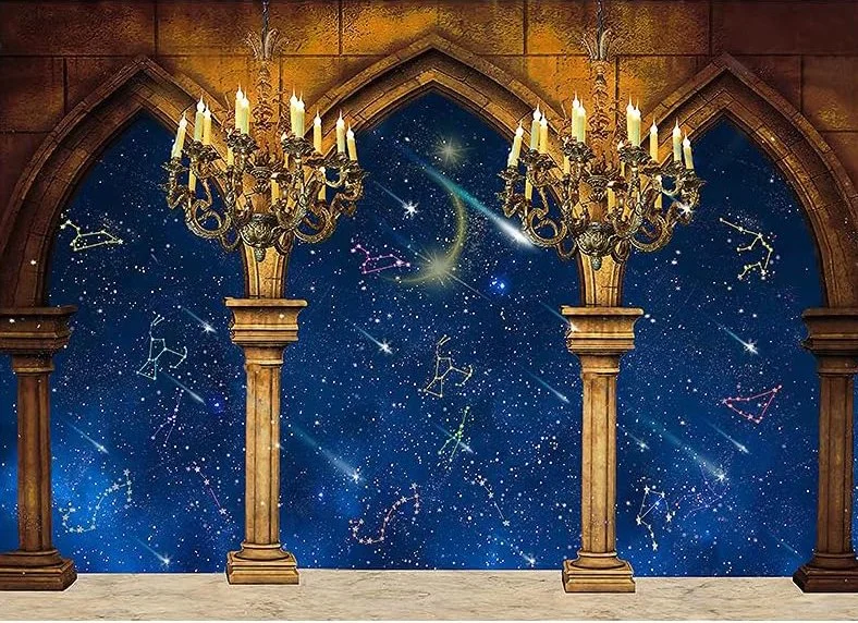 A backdrop of a starry night sky with constellations and shooting stars seen through arched windows. The scene is framed by two ornate chandeliers hanging from a brick ceiling.