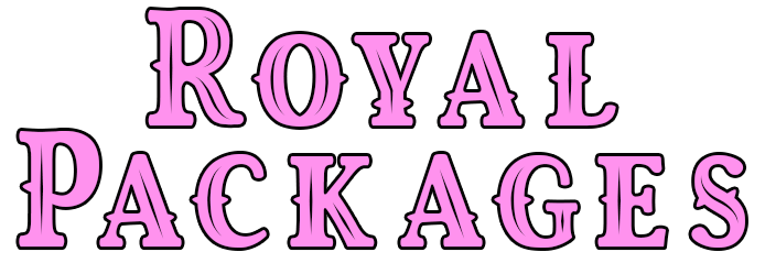 Text that says 'Royal Packages' in pink, stylized font on a black background.