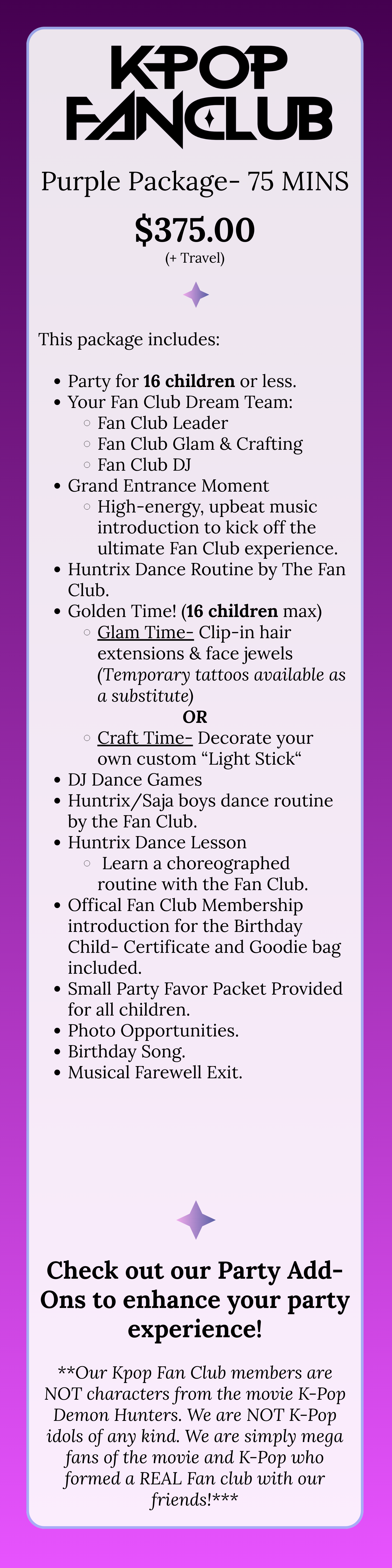 Kpop Fan Club advertisement for a Purple Package for a 75-minute party costing $375, includes activities for children, Kpop dance routines, and fan club memberships.