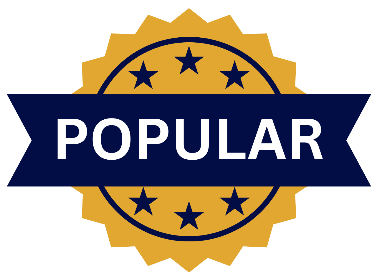 A badge with a gold ribbon and navy blue circle with the word 'POPULAR' in white letters, surrounded by five navy blue stars.