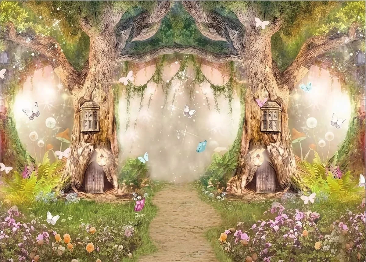 Digital artwork of a fairy tale forest with two large trees forming a heart shape in the center, decorated with small house-like structures and surrounded by colorful flowers, butterflies, and glowing sparkles.