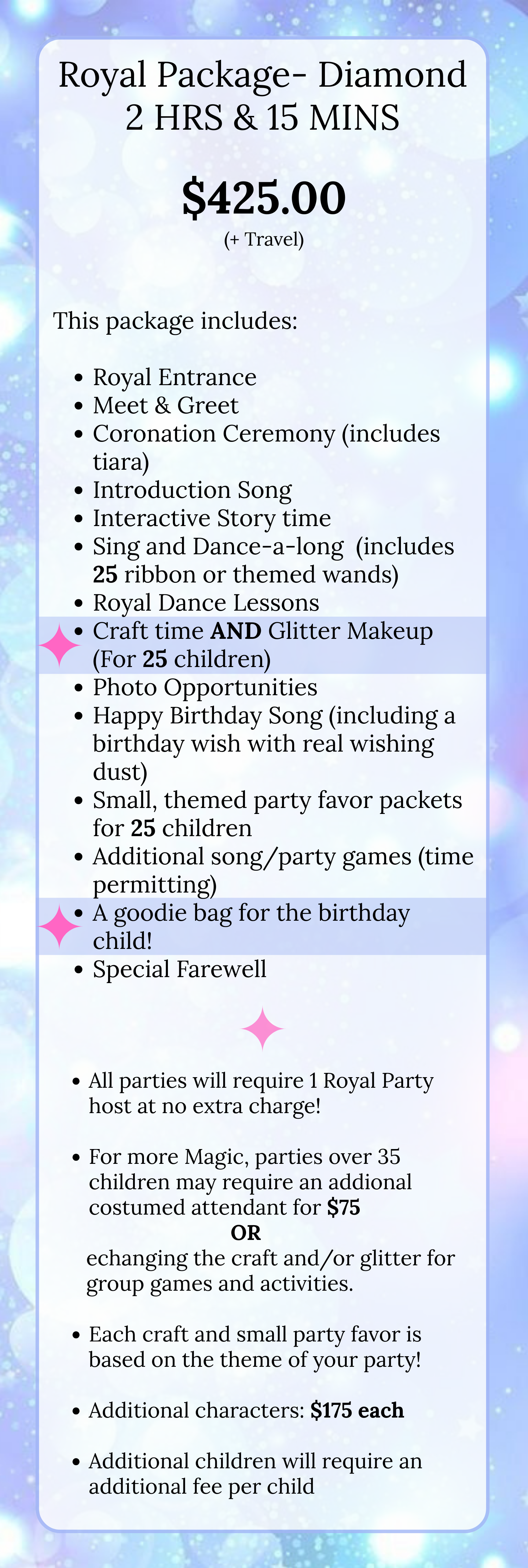 Pricing details for a royal birthday package, including activities like craft time with glitter makeup for 25 children, along with other entertainment options and party items.