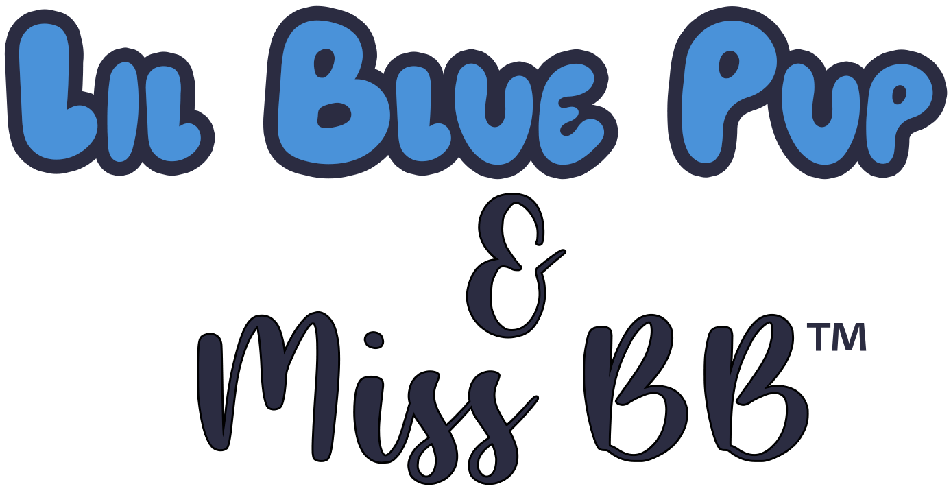 Logo with the text Lil Blue Pup & Miss BB in blue and black font on a transparent background.