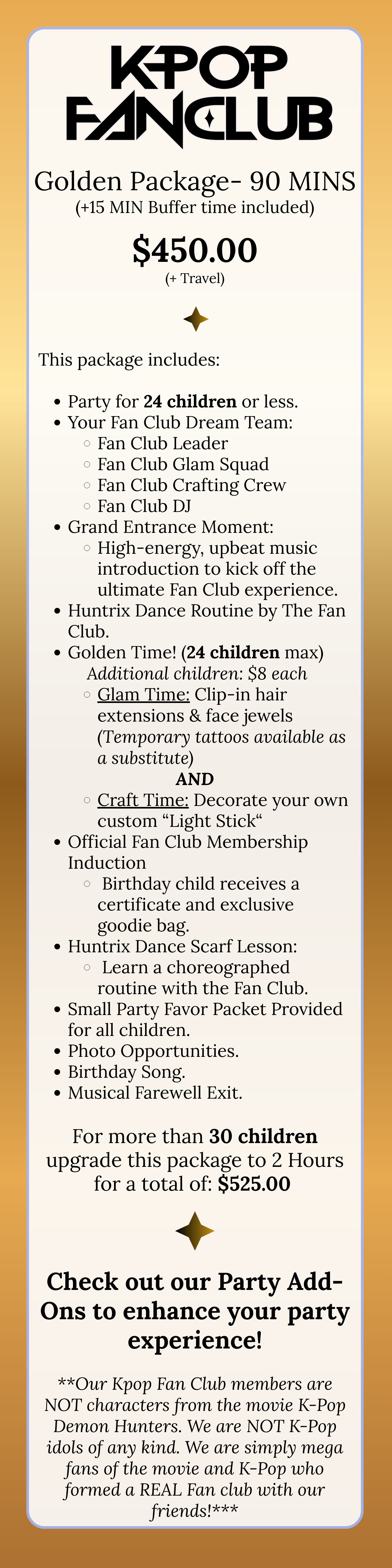 Information about a K-pop fan club party package for children, priced at $450, including activities like dancing, crafting, and a fan club induction, with options for more children and upgrades.