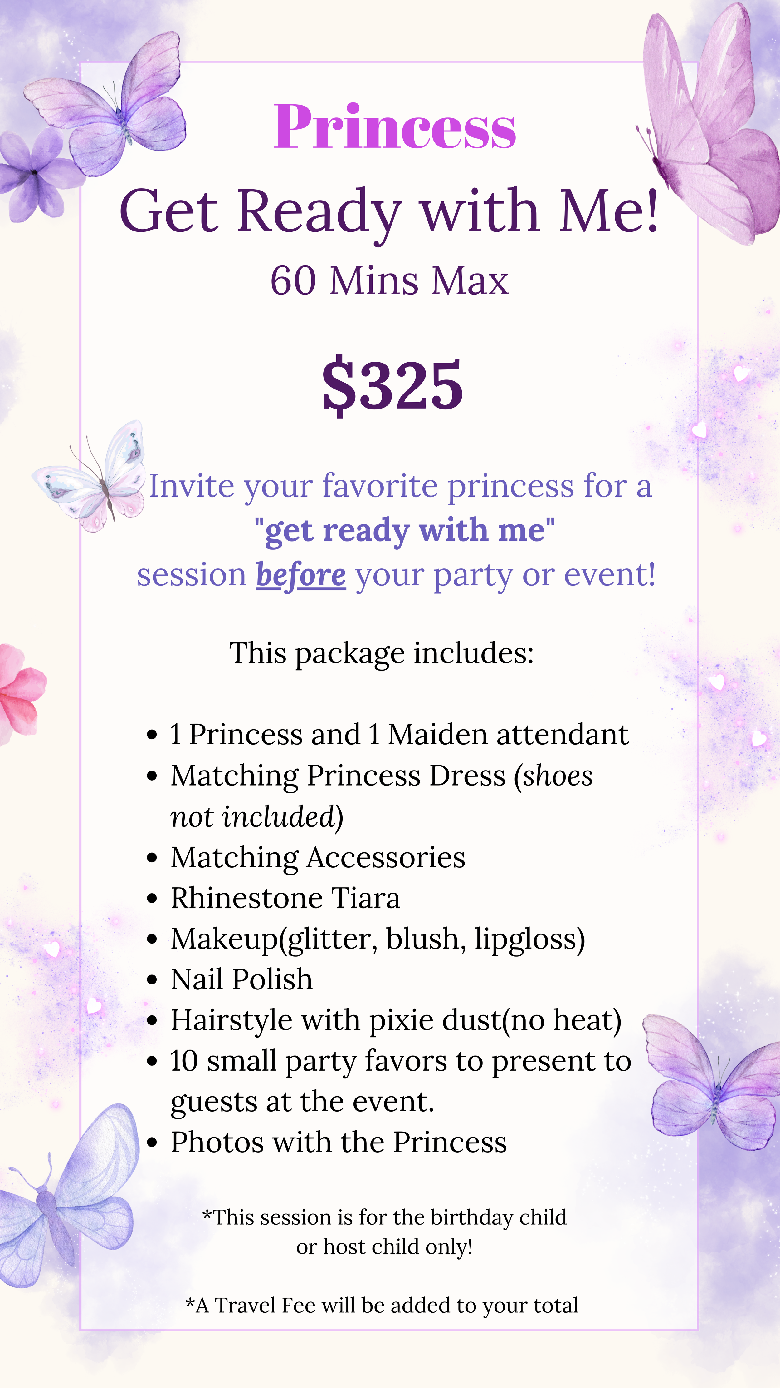 Pink and purple princess-themed party invitation featuring butterflies, flowers, and glitter accents, offering a princess and maiden dress-up session for a birthday child.