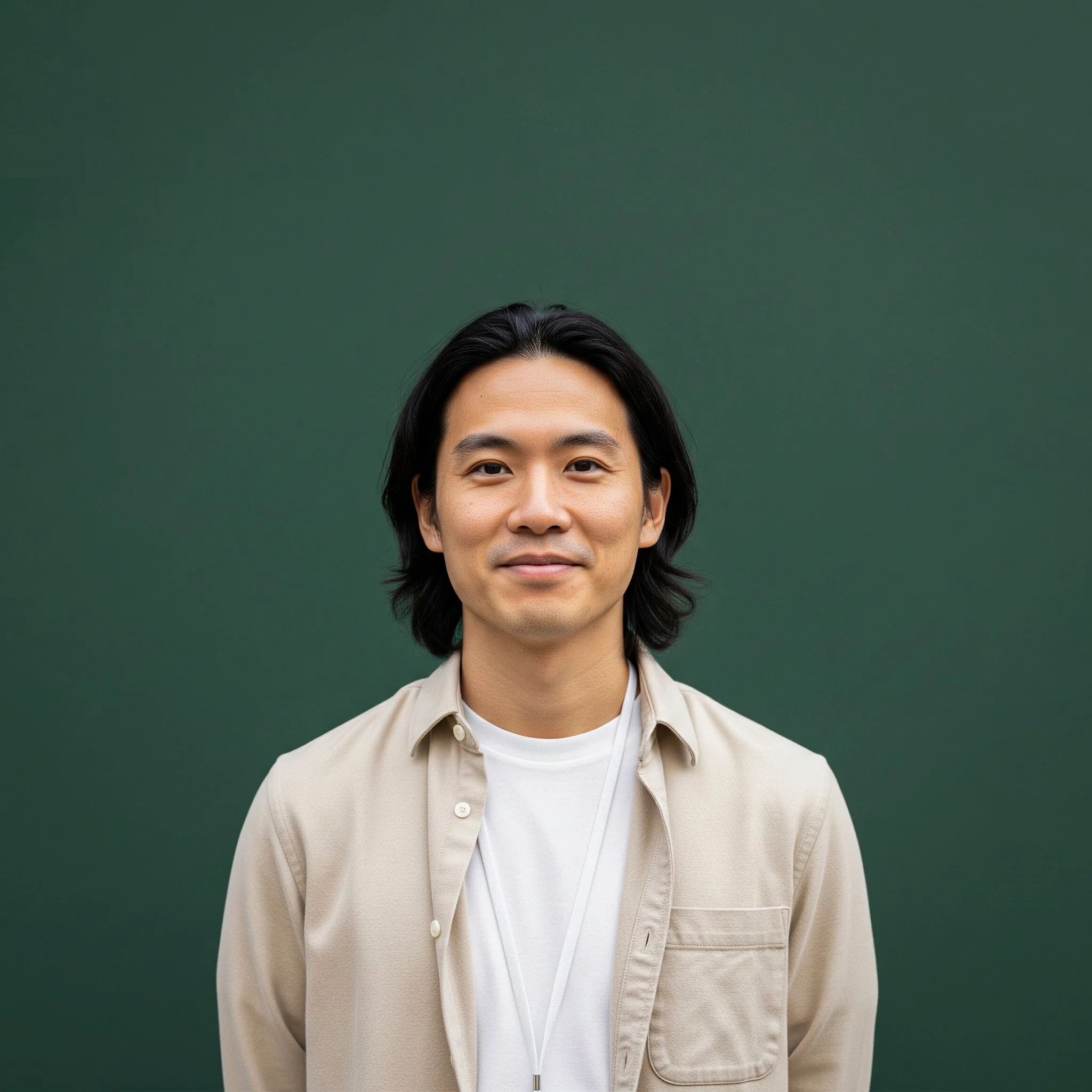 Headshot of smiling male tutor with medium-length black hair wearing a lanyard.