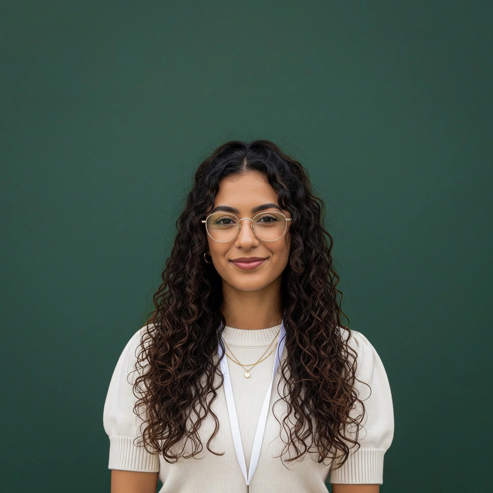 Headshot of smiling female tutor with long curly brown hair wearing a lanyard.