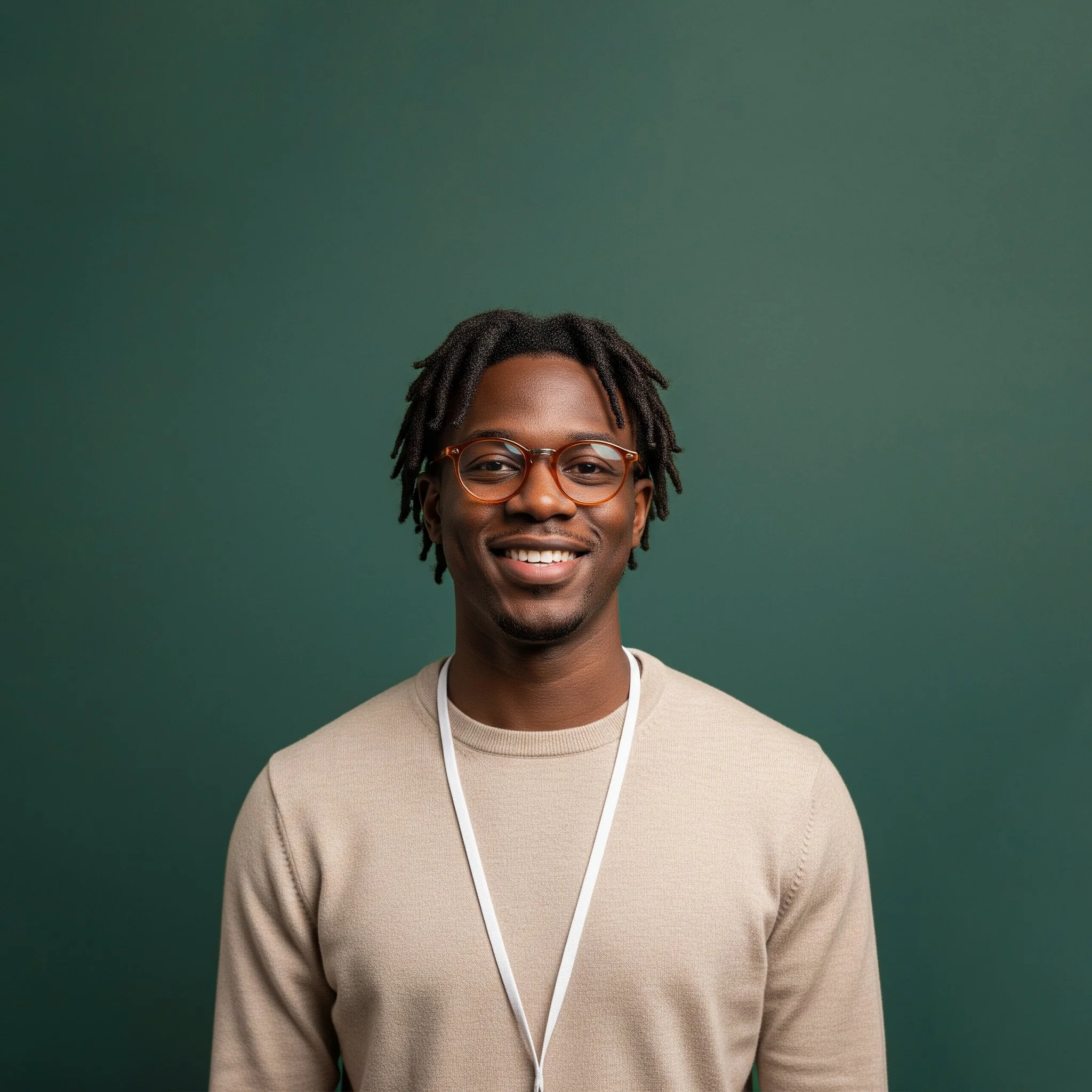 Headshot of smiling male tutor with short locks wearing a lanyard.