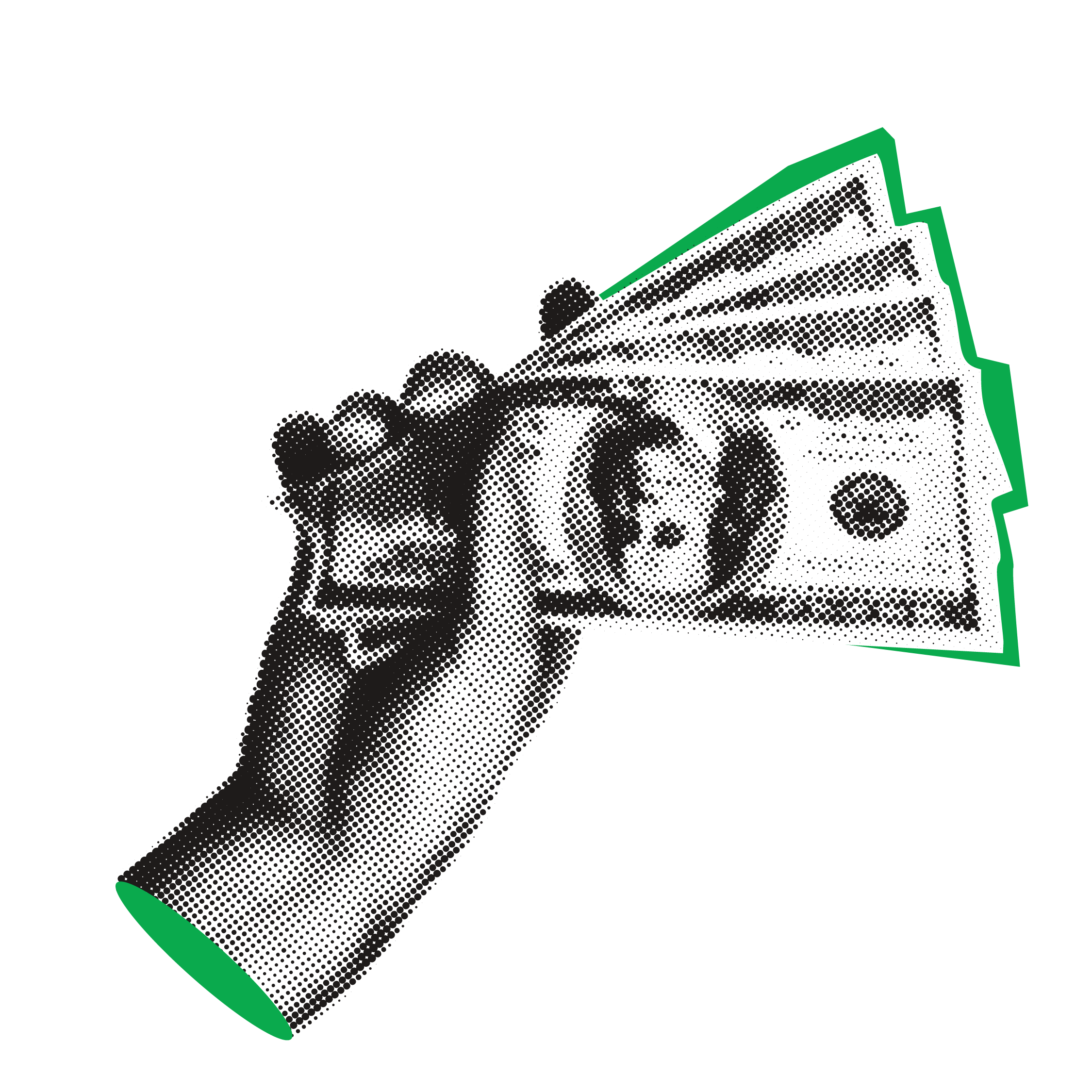 A hand holding a fan of dollar bills, depicted in a halftone style with green borders.