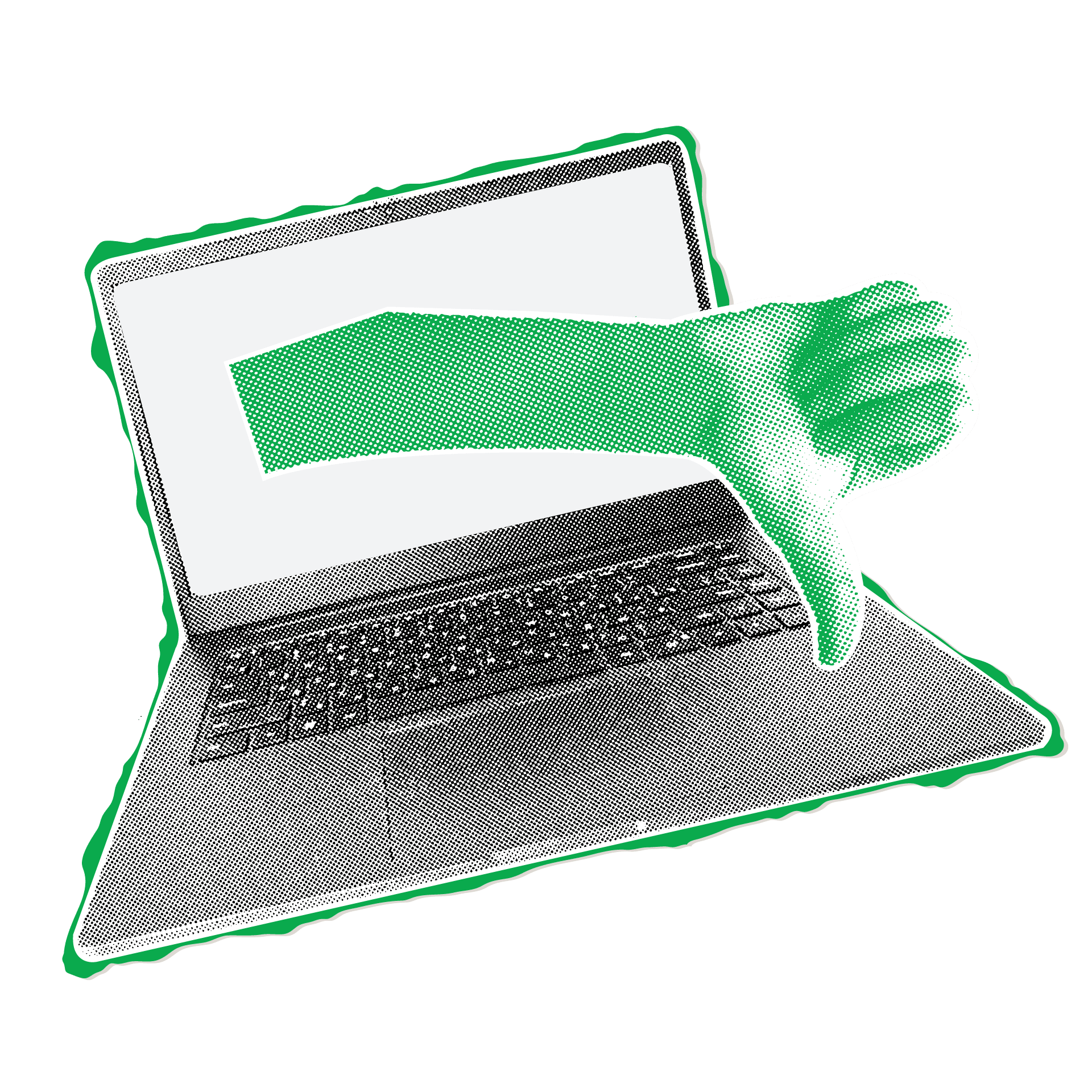 Digital illustration of a hand reaching out from a laptop screen, with a green sleeve, as if coming out of the monitor.