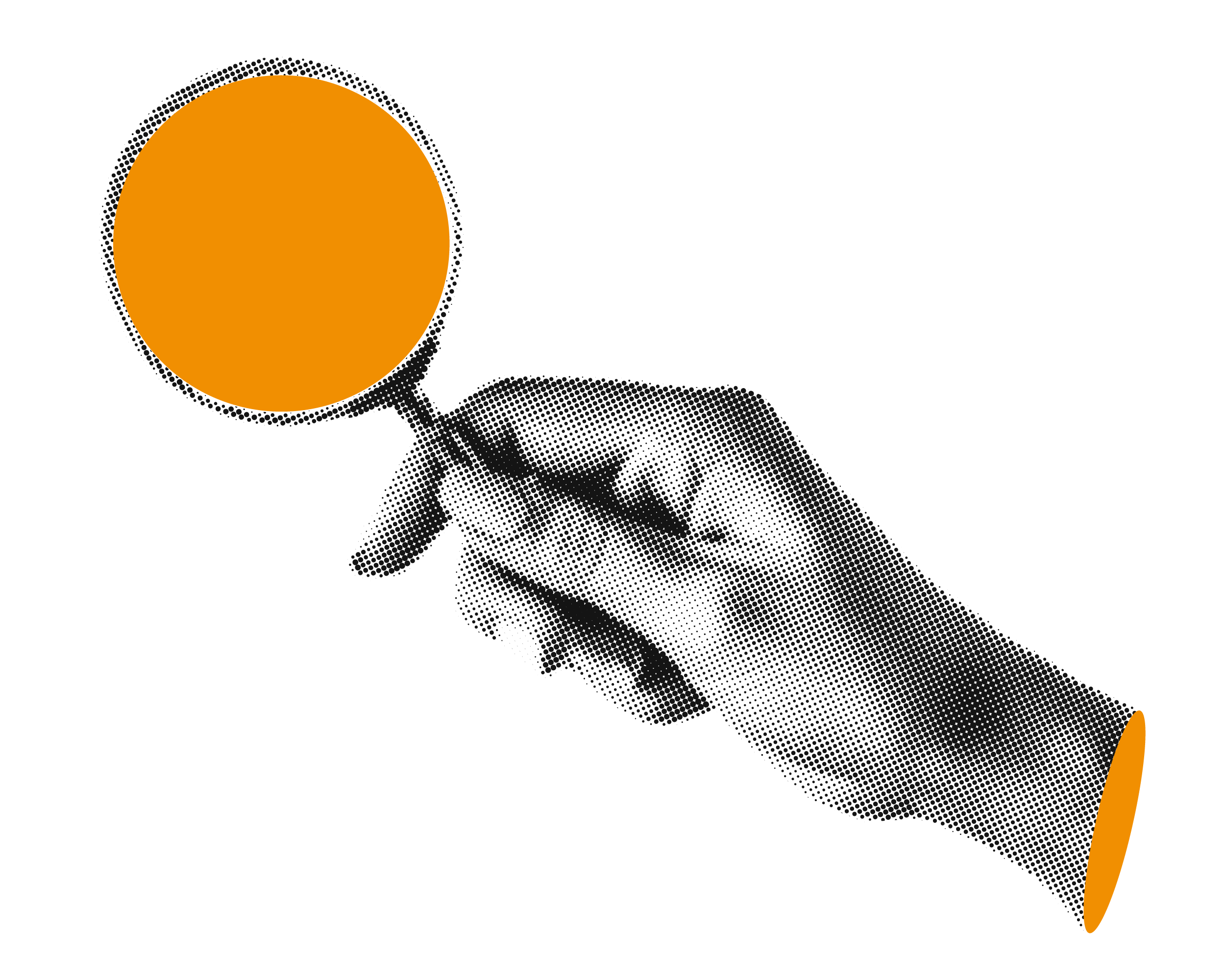 Black and white dotted illustration of a hand holding a magnifying glass with an orange lens.