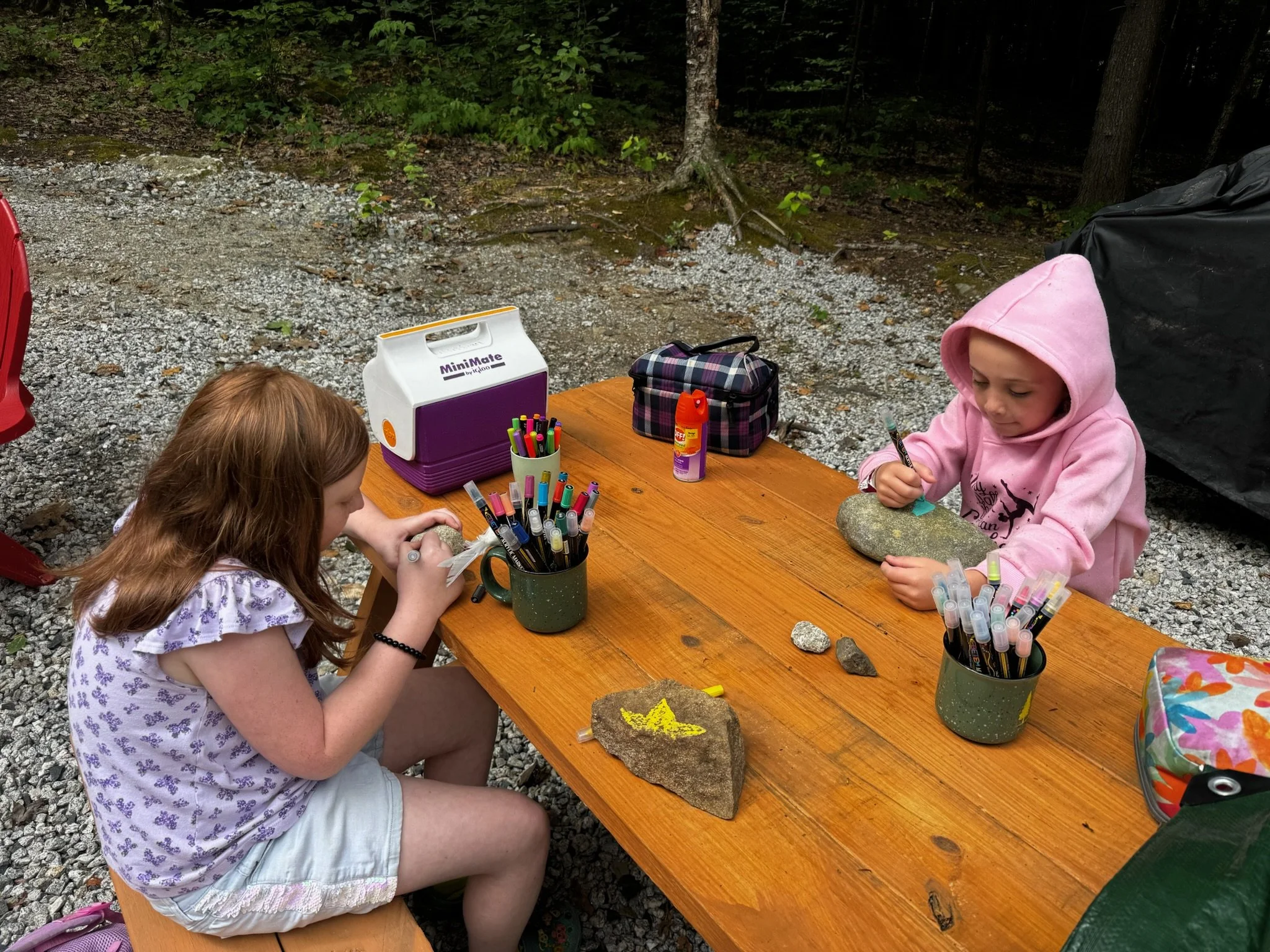 Two young girls sit at a wooden picnic table outdoors, engaging in rock painting. One girl, with red hair, wears a white shirt with floral pattern and white shorts. The other girl, with blonde hair, wears a pink hoodie. The table has paint markers, r