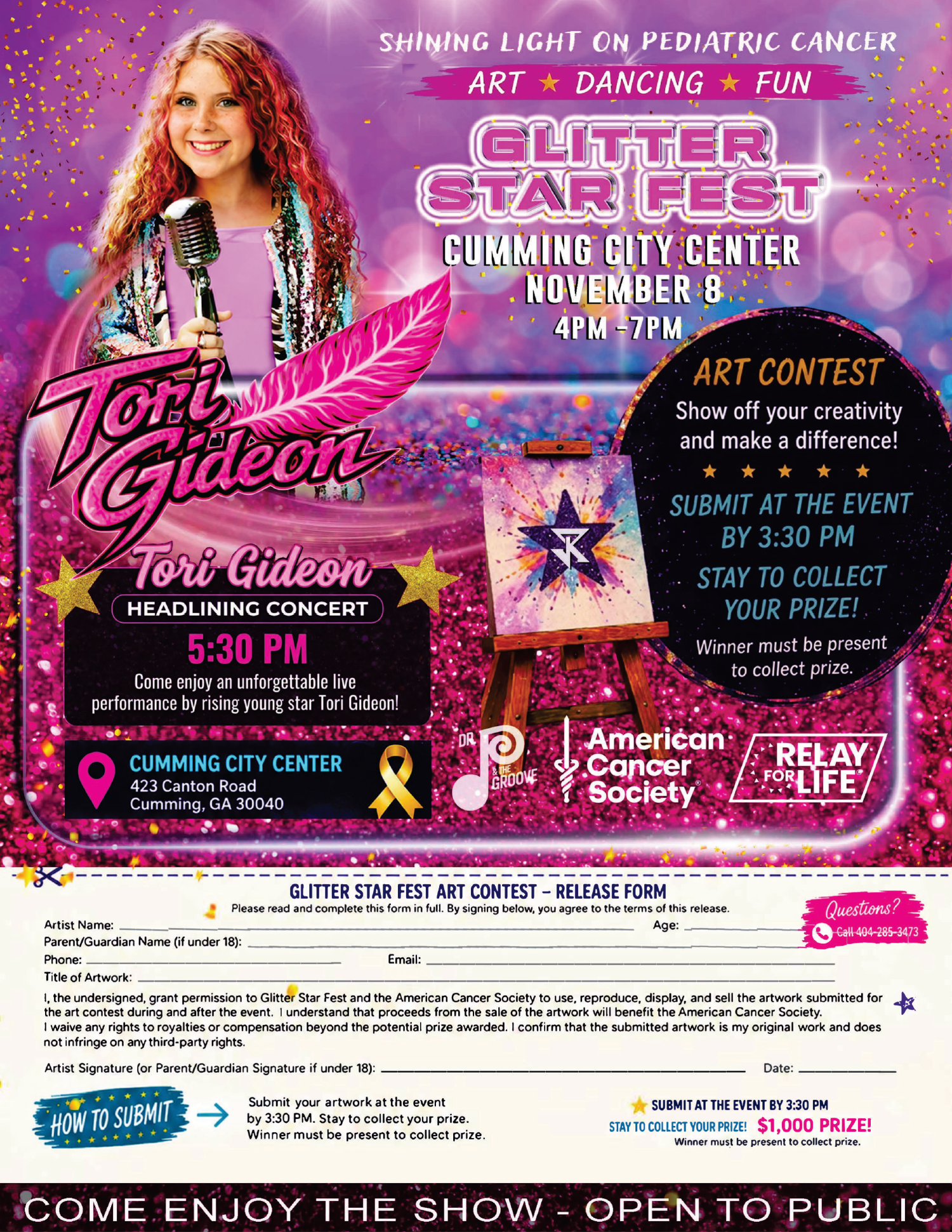 Glitter Star Fest pediatric cancer fundraiser flyer featuring Tori Gideon, art contest, live music, and event details at Cumming City Center