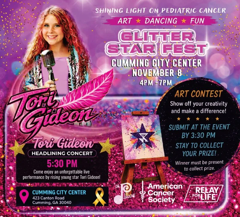 Glitter Star Fest pediatric cancer fundraiser poster featuring singer Tori Gideon, live music, art contest, dancing, and fun at Cumming City Center on November 8.