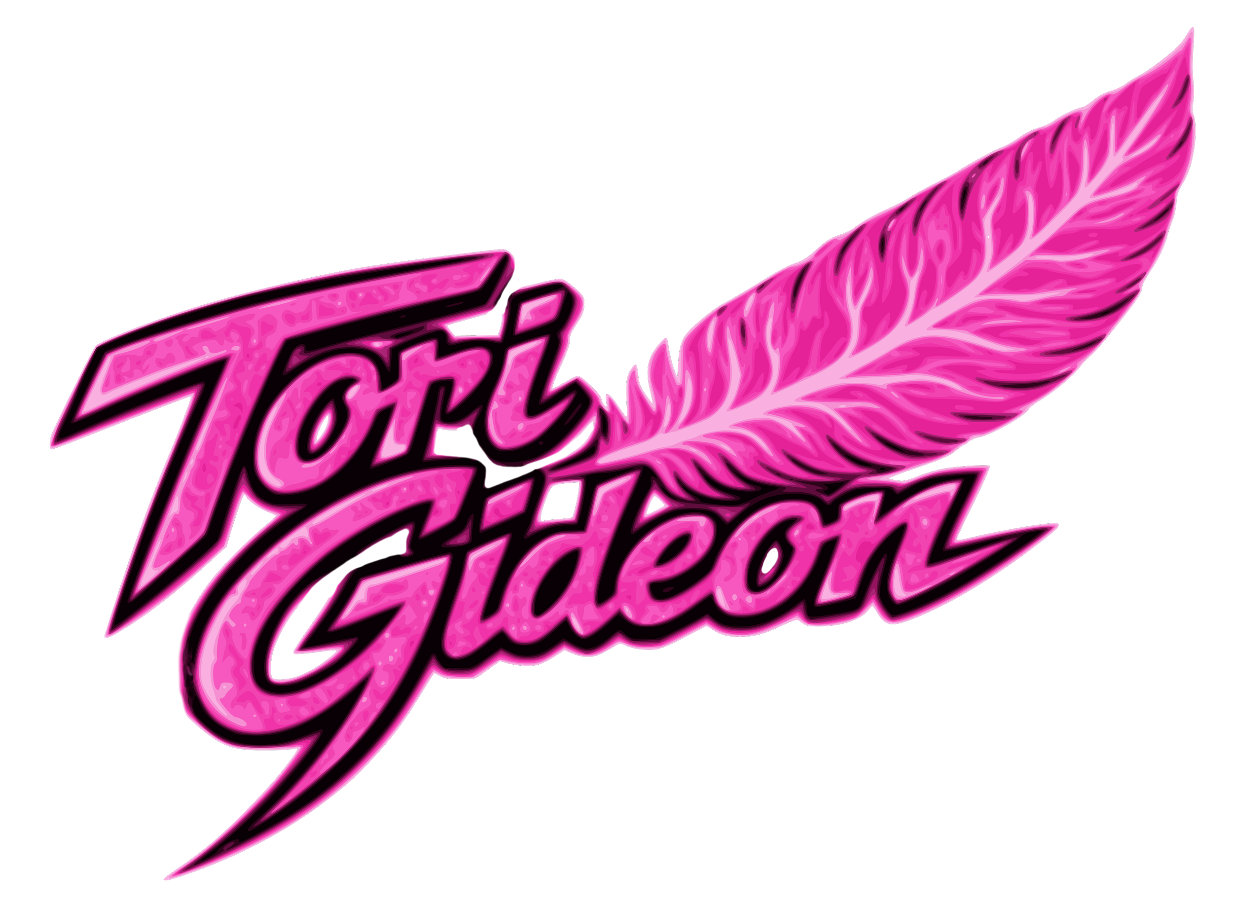 Pink stylized logo reading “Tori's Garden” with a large feather graphic on a black background