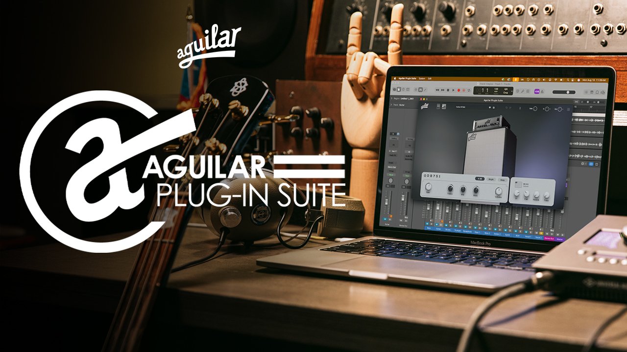 A section of a music studio workspace with a guitar, headphones, a laptop displaying audio software, and music equipment, emphasizing the Aguilar Plug-In Suite branding.