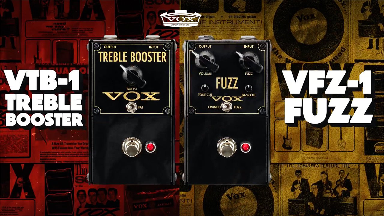 Image showing two guitar effects pedals from VOX. The left pedal is labeled "Treble Booster" with controls for Boost and Fat. The right pedal is labeled "Fuzz" with controls for Volume, Fuzz, Tone Cut, and Bass Cut. The background features a collage 