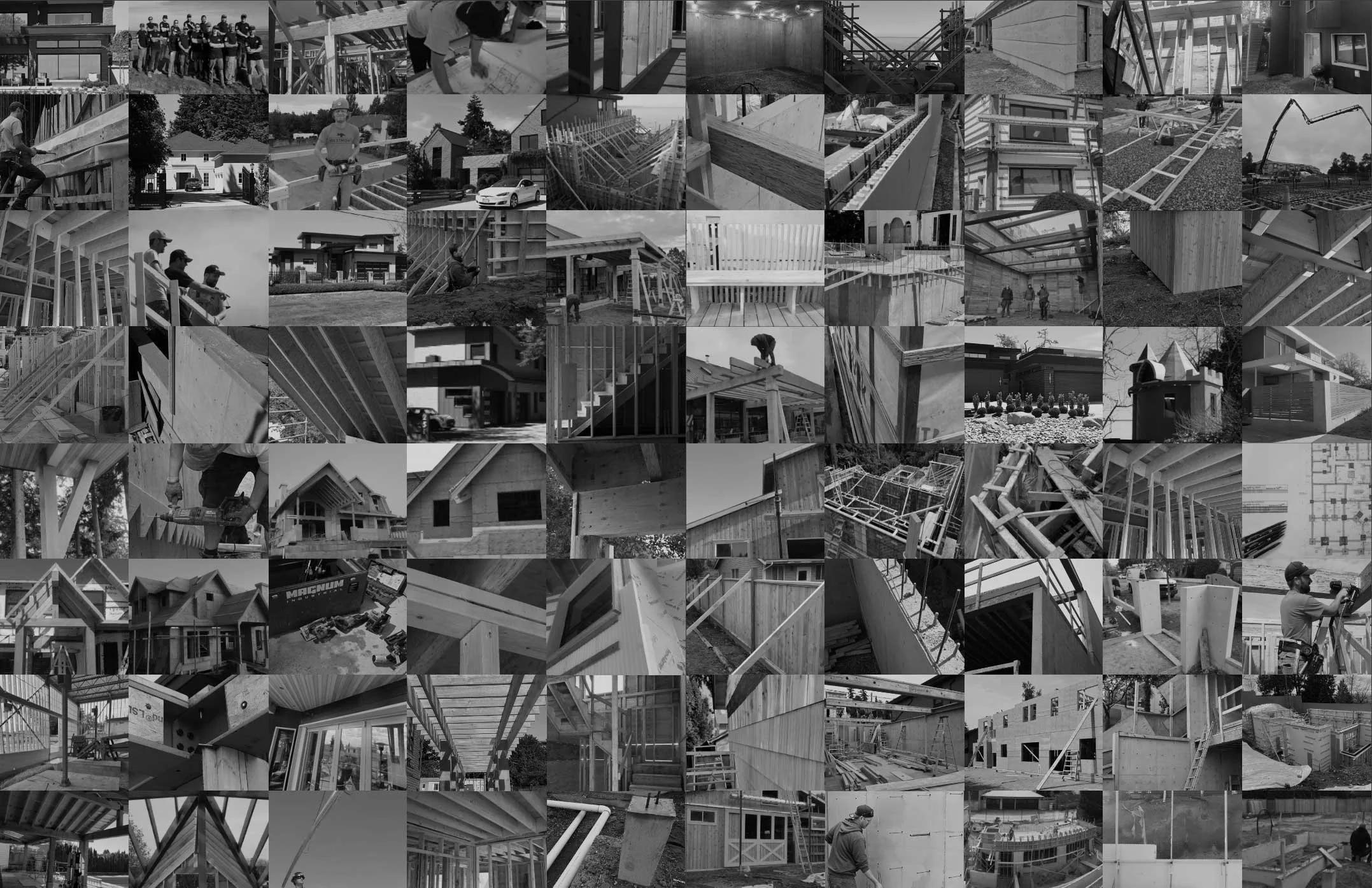 Collage of black and white photos showing construction workers building houses and structures, framing, woodworking, crane lifting materials, workers measuring, and architectural plans.