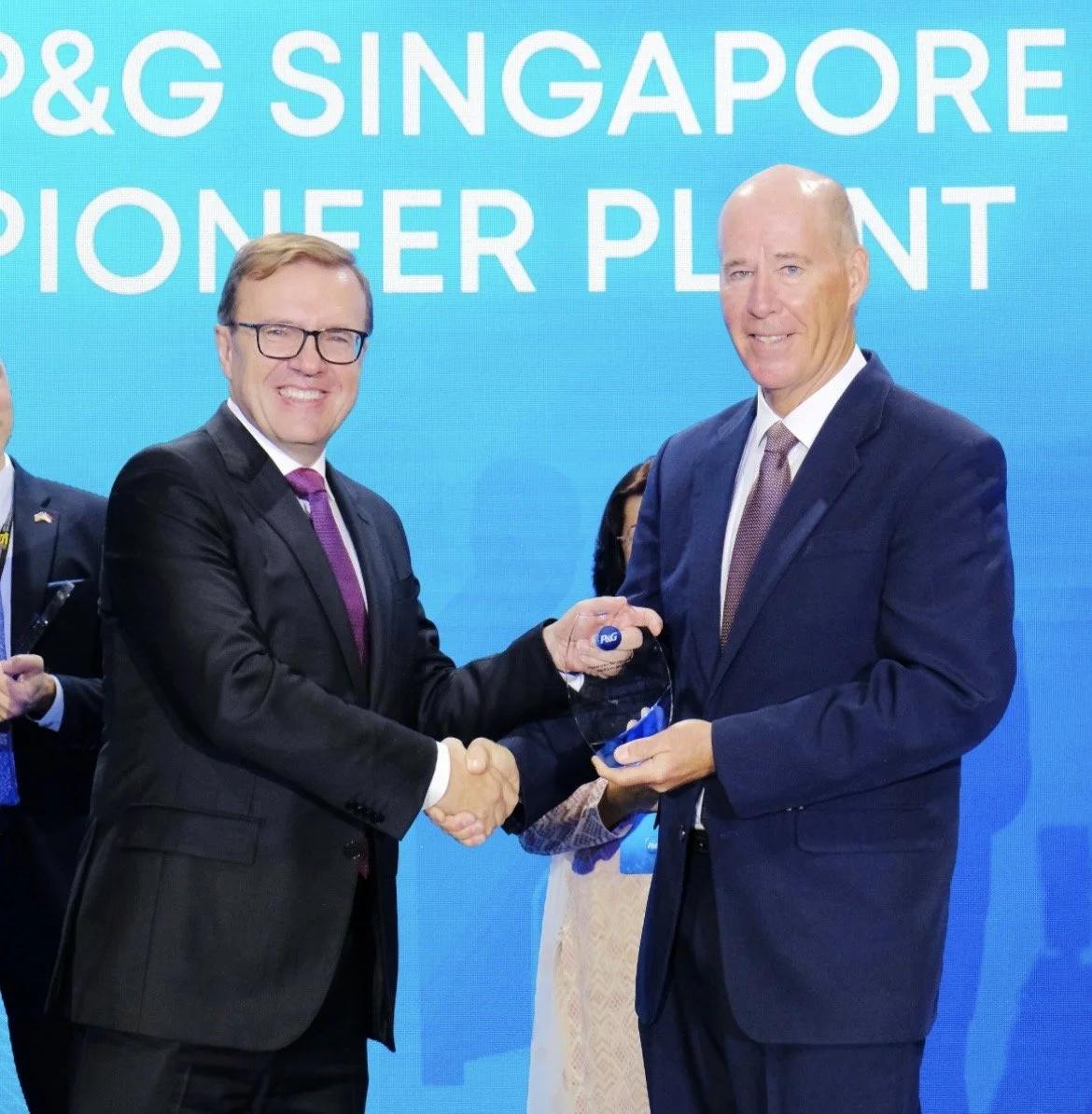I was delighted to be invited in 2023 to be recognized by Standa Vecera, President of P&G Asia Pacific, Middle East and Africa, and to help celebrate the 15th year of the Singapore plant making P&G packets with 21 billion liters of clean water provid