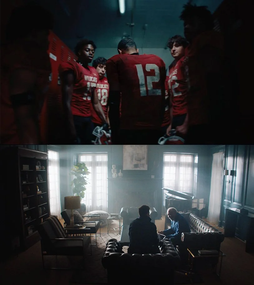 Top image shows a football team of young players in red uniforms gathered in a locker room. Bottom image depicts two men in a dimly lit, formal living room with large windows, bookshelves, and a grand piano.