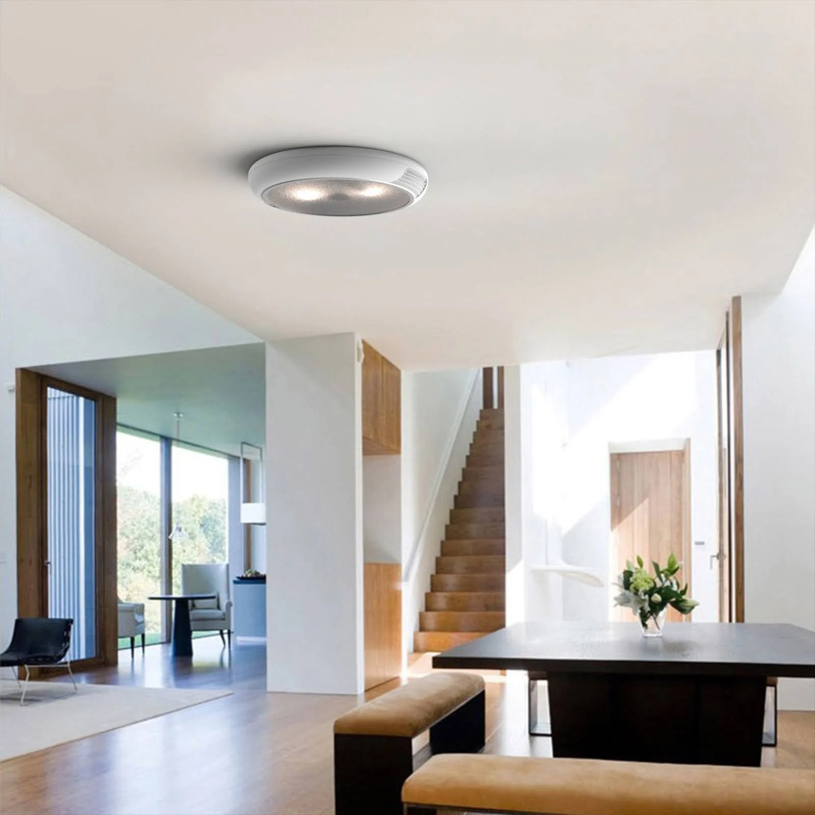 HaloSafe transforms everyday lighting into life-saving guidance, projecting exit arrows and giving audio cues when you need them most, all while staying a reliable light every day.