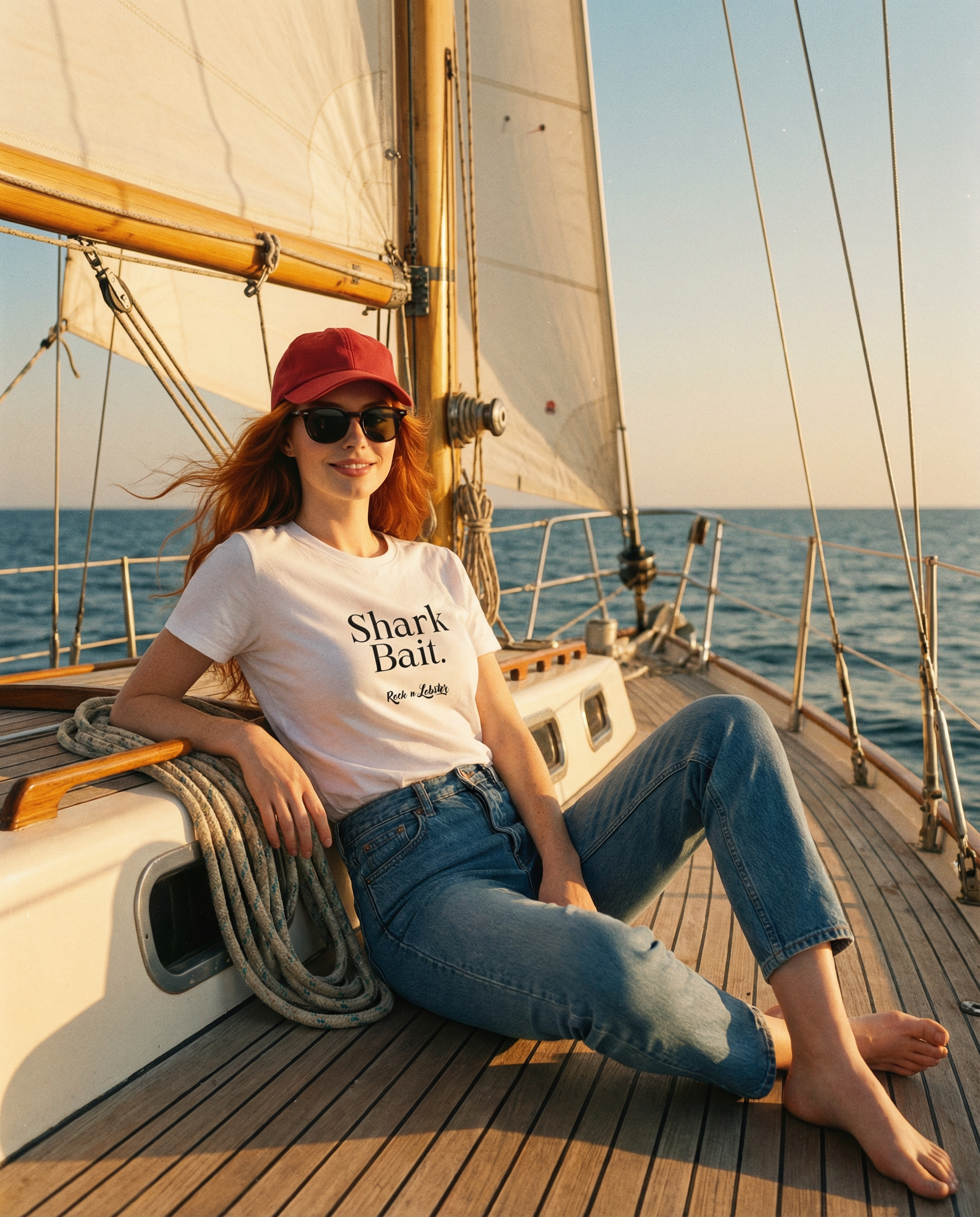 A woman with red hair, wearing a red cap, sunglasses, a white t-shirt with the words 'Shark Bait.' and blue jeans, sitting barefoot on a sailboat deck during sunset, with the ocean in the background.