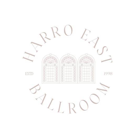 Logo for Harro East Ballroom with three decorative arch windows, established in 1998, on a black background.
