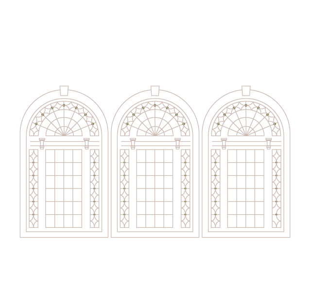 Three arched stained glass window designs with intricate patterns and grid panes.