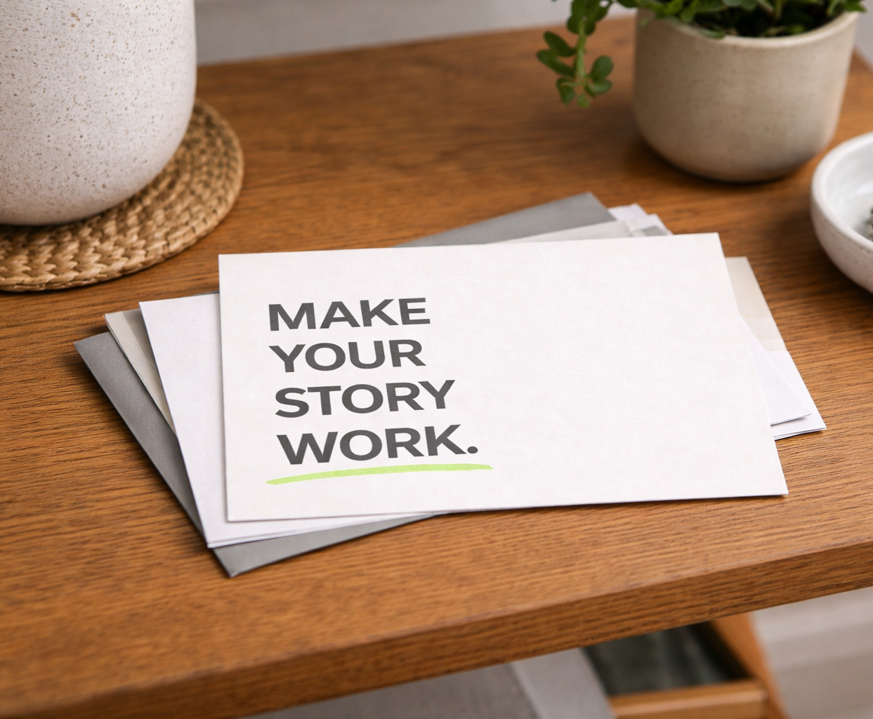 Printed marketing materials featuring “Make Your Story Work” brand message