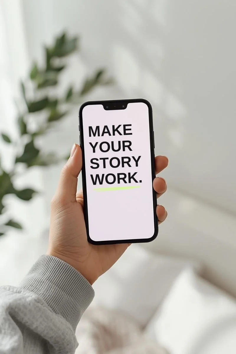 Smartphone displaying “Make Your Story Work” marketing message with green highlight